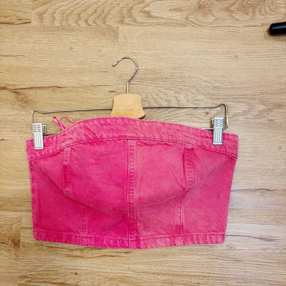 Zara Tube Top Womens Pink Denim Corset Strapless Crop Zip Back 100% Cotton - Picture 2 of 7